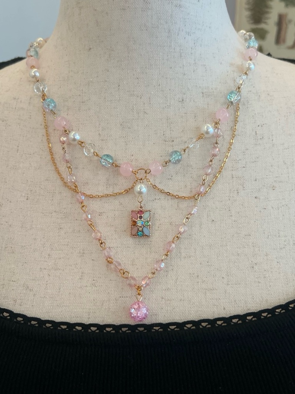 Gold Multi-Layer Necklace with Pink & Aqua Beads